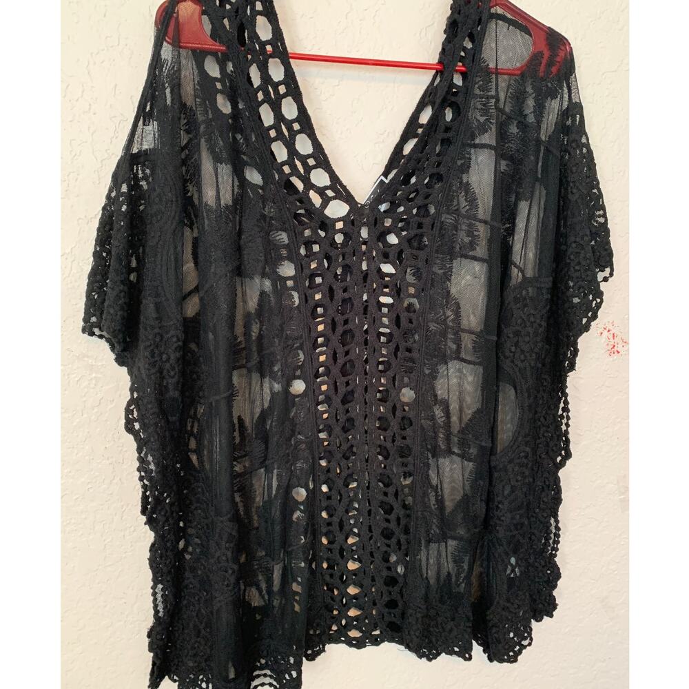 VIVID BLACK CROCHET LACE SHEER KAFTAN BOHO COVERUP TOP PLUS SIZE 2X